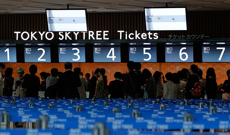 Tokyo Skytree tower opens: Visitors form a line at the ticket counters