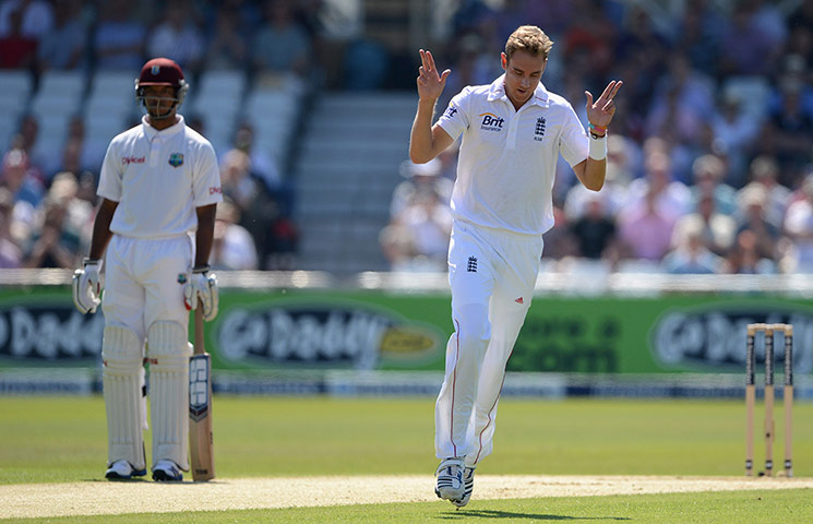 2nd test day 1: Stuart Broad of England celebrates dismissing Adrian Barath