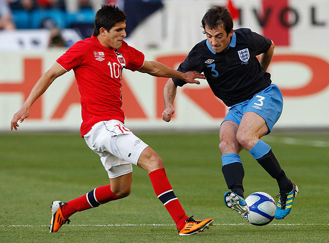 Norway v England: England's Leighton Baines is challenged by Norway's Tarik Elyounoussi