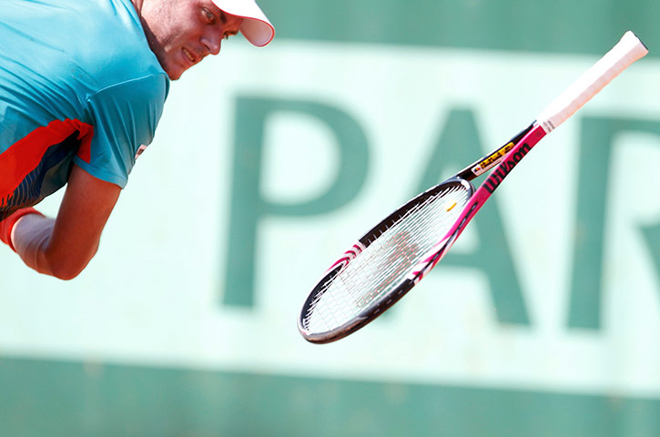 French Open Day 2: Andreas Haider-Maurer of Austria throws his racket 