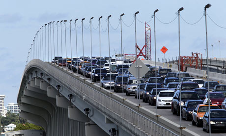 Traffic on Miami's MacArthur causeway is backed up Saturday during the 