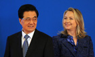 The US secretary of state, Hillary Clinton, and the Chinese president, Hu Jintao, at their talks