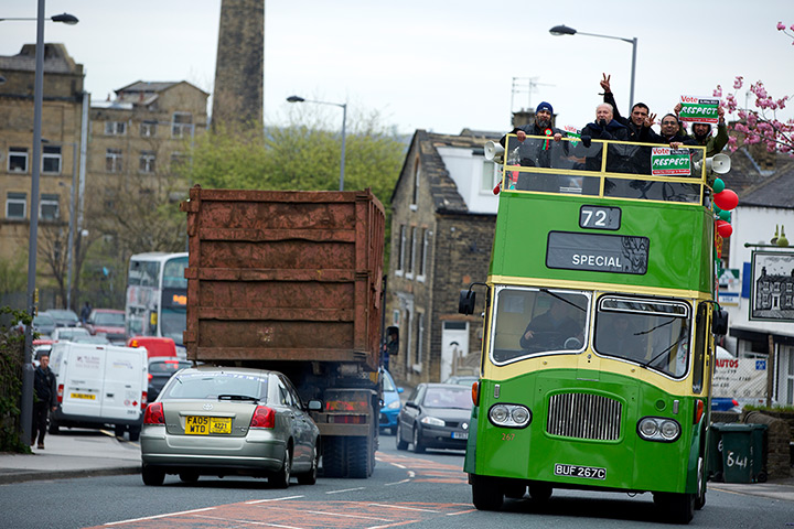 Local elections: George Gallowy MP campaigning on the Respect double decker