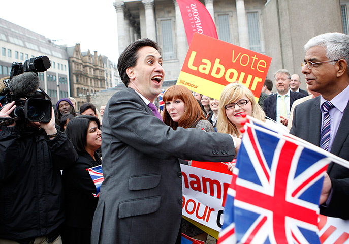 Lcoal elections: Labour Party leader Ed Miliband is congratulated by supporters Birmingham