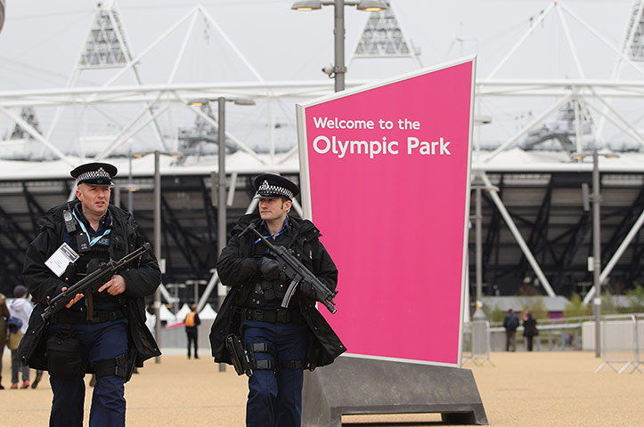 Olympics test event: Armed police officers patrol the Olympic Park