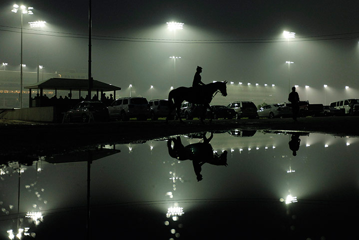 Kentucky Derby:  An exercise rider walks a horse off the track after a morning workout 