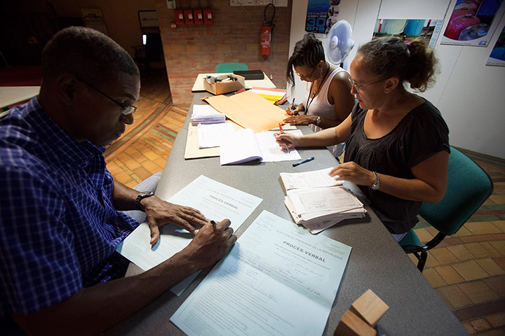 European elections: Officials work at a polling station in Remire-Montjoly, French Guiana