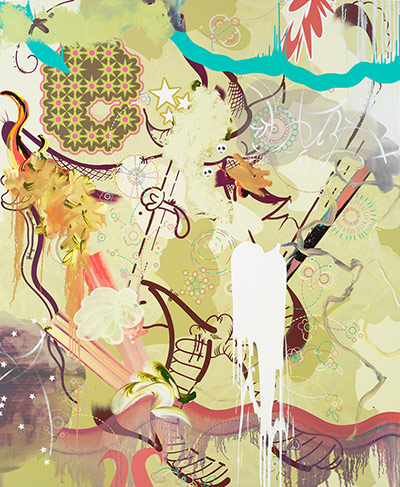 Fiona Rae: Painting titled Press my buttons to give me food and love! 