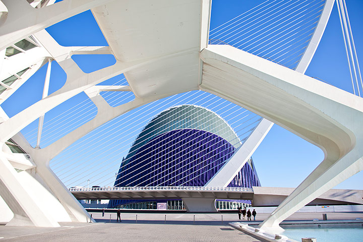 Santiago Calatrava: L'Agora, seen through the exoskeletal structure of the Science Museum 