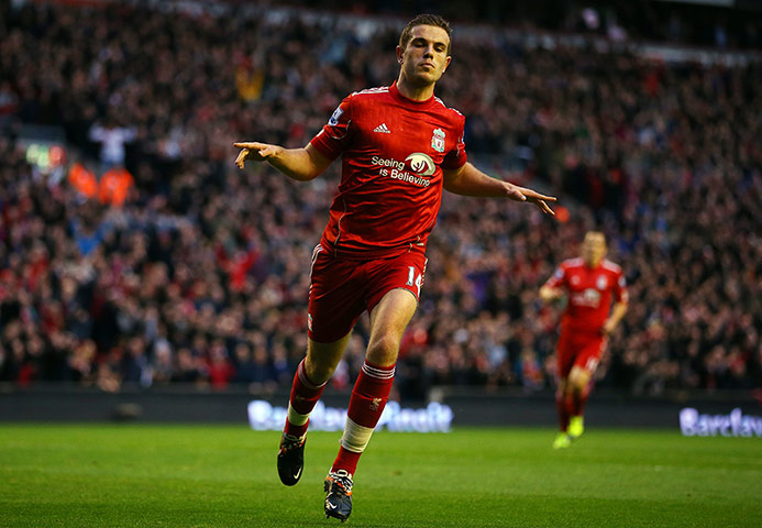Liverpool v Chelsea:  Jordan Henderson of Liverpool celebrates scoring their second goal 