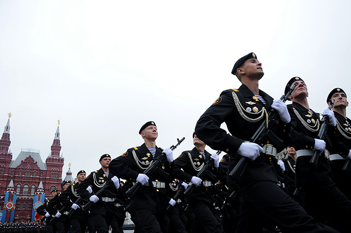 Victory Day in Russia: Russian naval soldiers march during Victory Day parade in Red Square