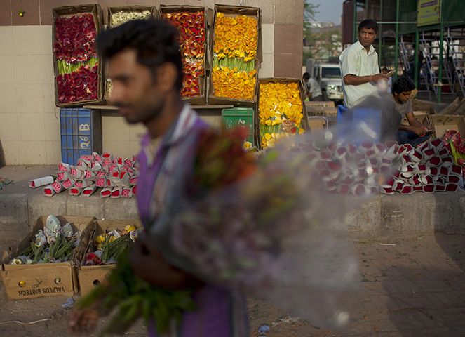 24 hours: New Delhi, India: A vendor counts money at a flower market