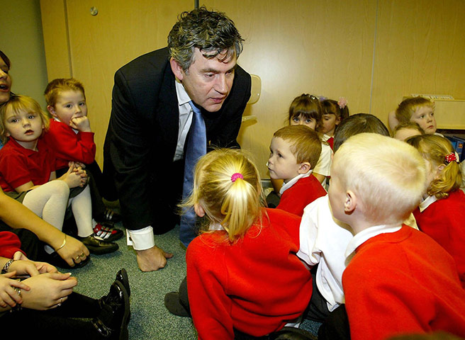 politicians in school: Gordon Brown at Field Lane Childrens centre in Brighouse