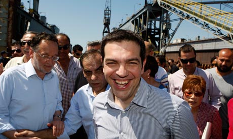 Syriza leader, Alexis Tsipras, meets workers at a shipyard during the Greek election campaign