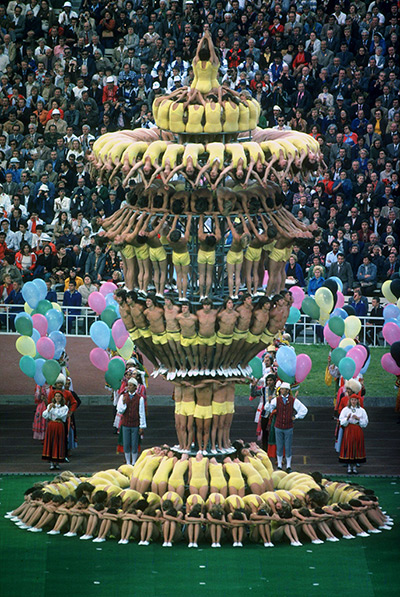 Olympic games opening: Moscow 1980: Performers make a human tower 