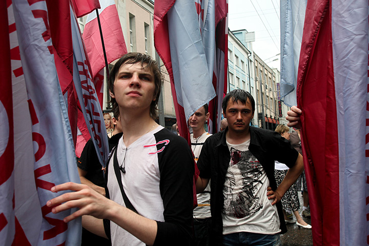 Moscow protests: Protesters hold banners and flags during the anti-Putin rally