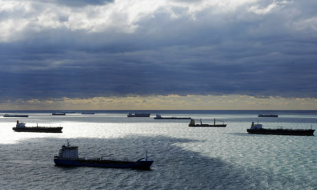 Aerial view of tankers and other vessels