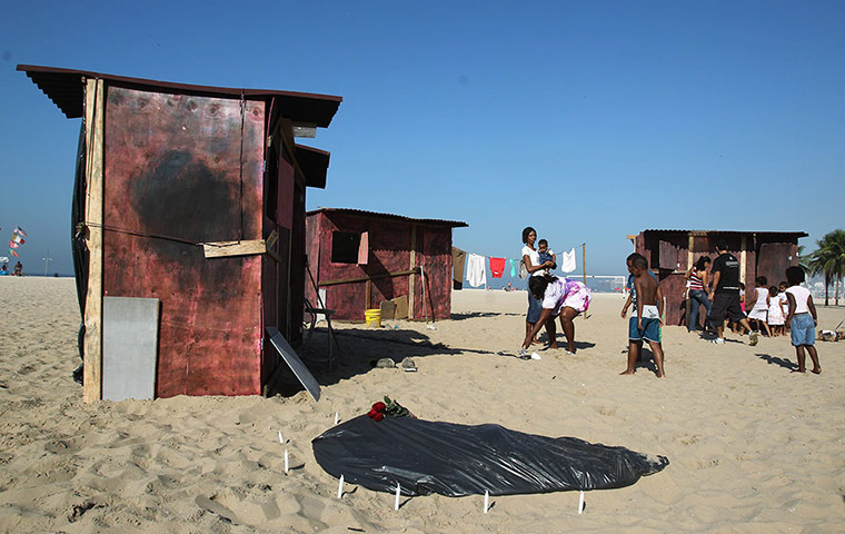 UN Rio+20: Fictitious favela in Copacabana Beach