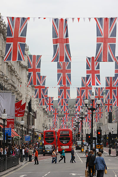 Jubilee: Union Jack flags and bunting flutter above the shops on Regent Street
