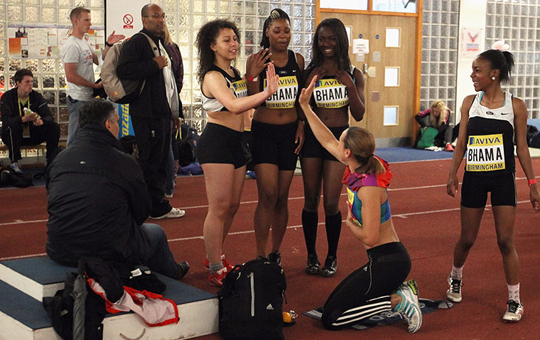 Athletics: Jessica Ennis greets a school relay team