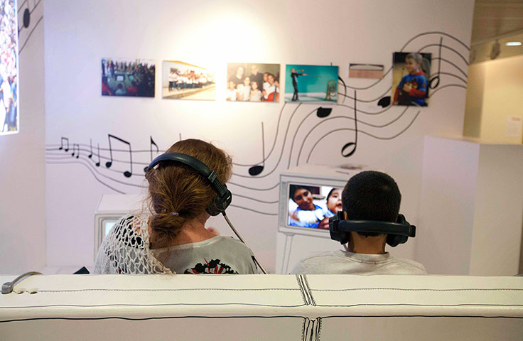 Southbank: A mother and son watch a video installation at the Southbank 