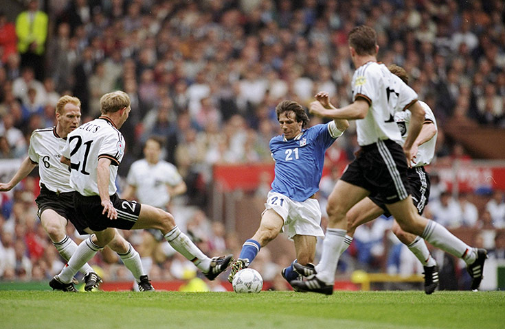 Italy v Germany: Gianfranco Zola of Italy takes on the German defence