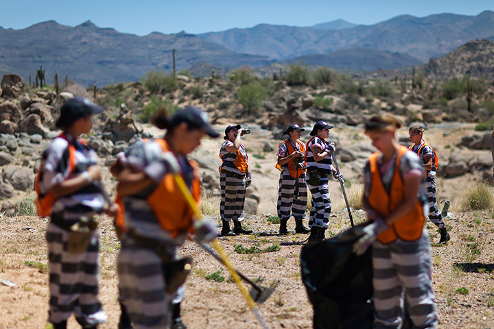 All-female chain gang: Female chain gang hacking at weeds at Bartlett Lake