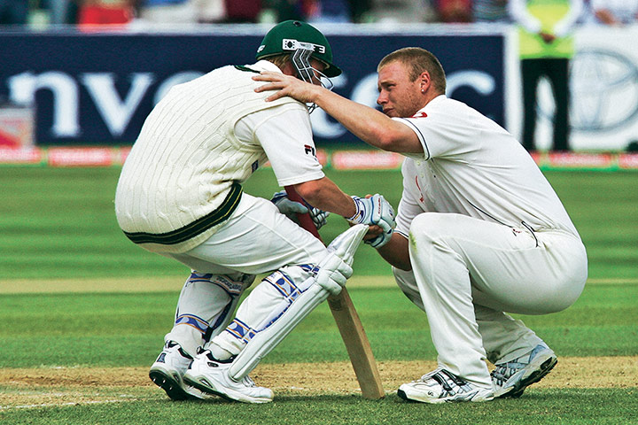 Tom Jenkins: Andrew Flintoff consoles Australia's Brett Lee, Edgbaston, 2005