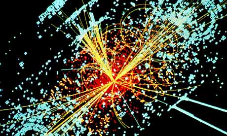 Simulated collision of protons in the LHC creating a Higgs boson
