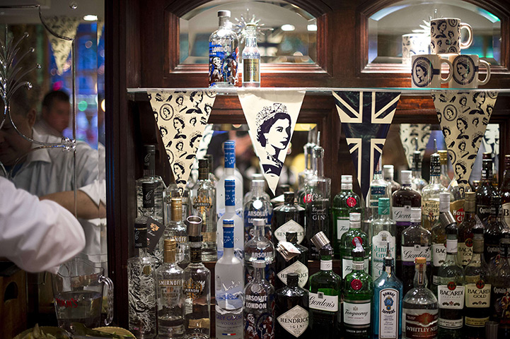 Jubilee pageant: A London pub features bunting with Queen Elizabeth 