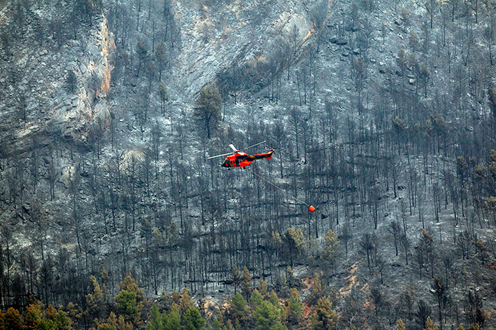 24 hours: Tuejar, Spain: An helicopter flies next to the remains of a wildfire