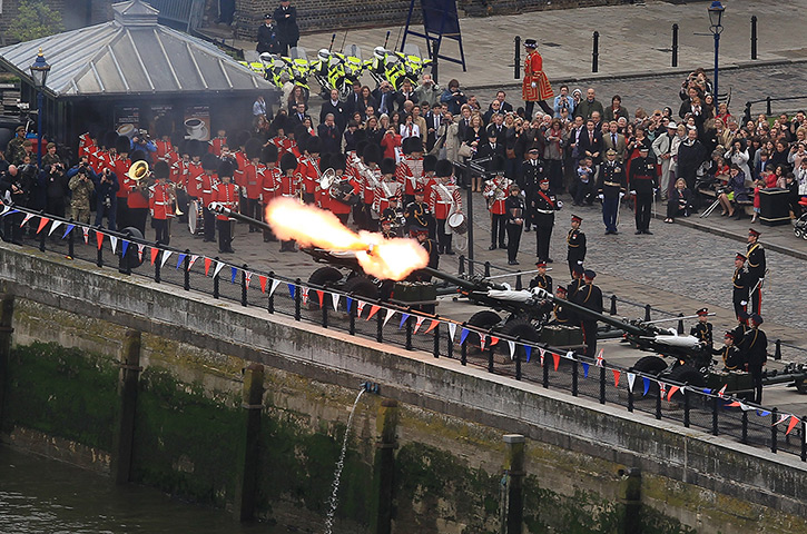 Jubilee Thames pageant: A gun salute is fired from the banks at the Tower of London