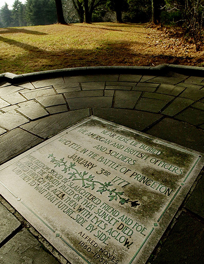 Endangered historic US: A plaque at Princeton Battlefield Park in Princeton Township, New Jersey