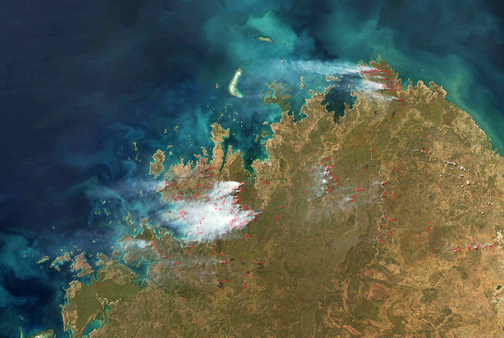 Satellie Eye on Earth:  dozens of fires in the Kimberley region of Western Australia.