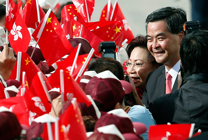 Hong Kong demonstrations: Hong Kong's Chief Executive Leung Chun-ying and wife Regina with supporters