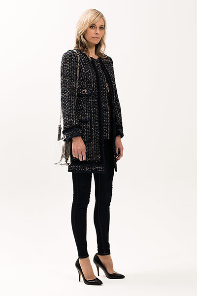 All Ages: Model wear a black tweed coat
