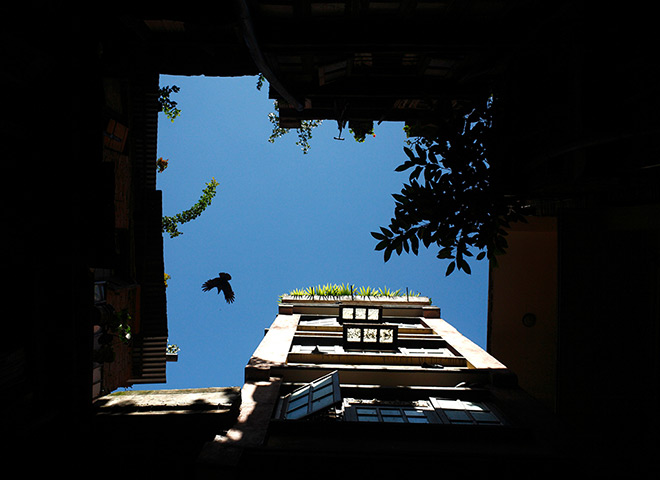 24 hours: Kathmandu, Nepal: A crow flies over a courtyard 