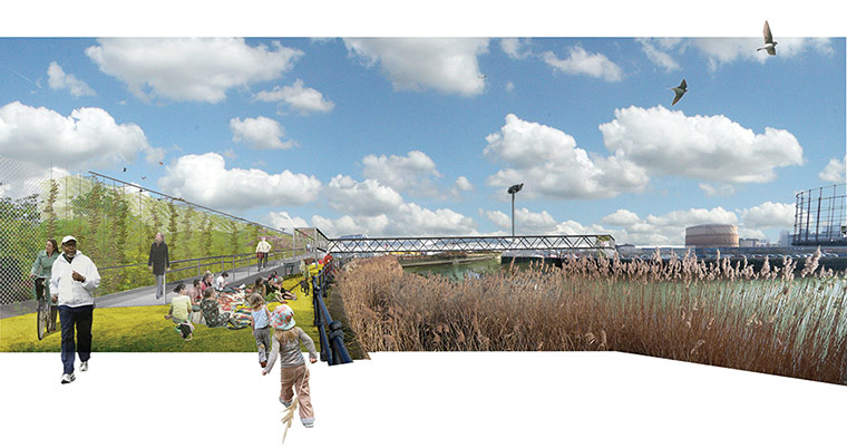 Olympic architecture: artwork showing pictorial view of walkway near Olympic site