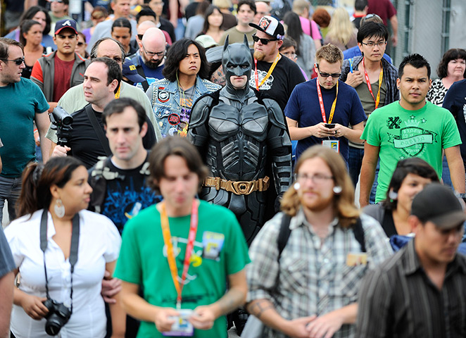 Comic con: Fans walk to Comic-Con held at the San Diego Convention Centre