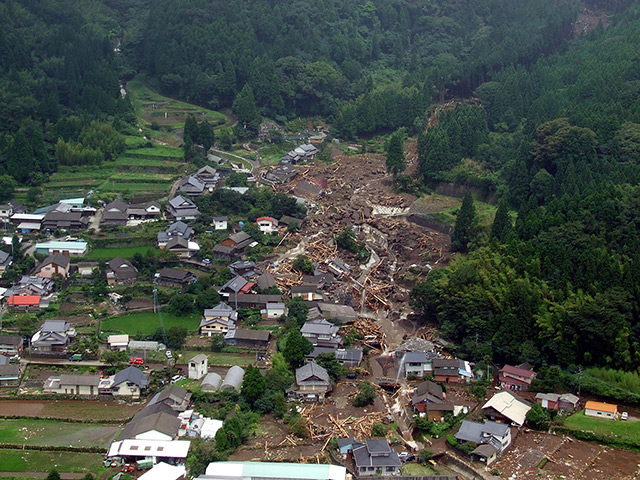 Floods in Japan: A mudslide caused by heavy rain, in Aso city, Kumamoto prefecture