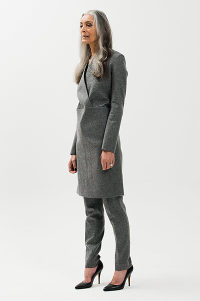 All Ages: Model wears matching grey dress and trousers