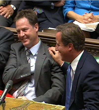 Cleggcams18: Sharing a joke during Prime Minister's Quetsions, September 2011