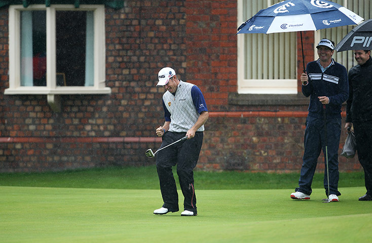 Lee Westwood: Lee Westwood celebrates sinking a big putt
