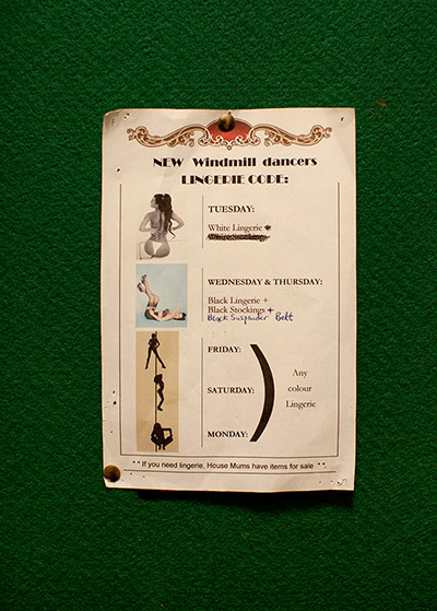 The Windmill Club: Card detailsing lingerie code for dancers