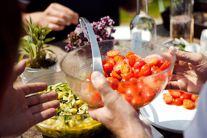 Brita food: Glass bowl of cherry tomatoes being served outdoors