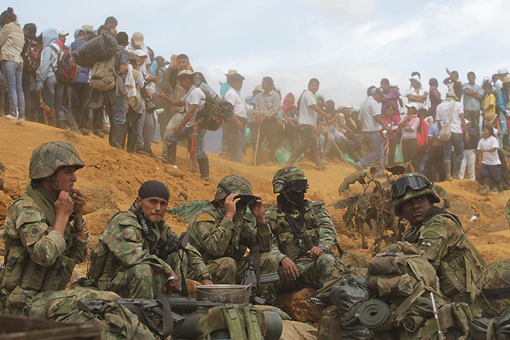 Civil unrest in Colombia: The Nasa indigenous people in a demonstration against the Military