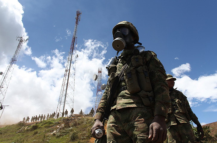 Civil unrest in Colombia: Colombian soldiers guard communication towers 