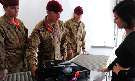 Soldiers check bags at Olympic Park