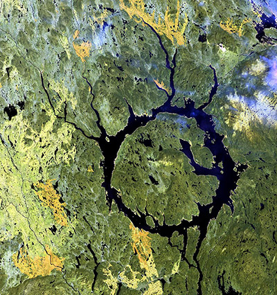 Landsat Anniversary:  Manicouagan Impact Structure in Quebec, Canada