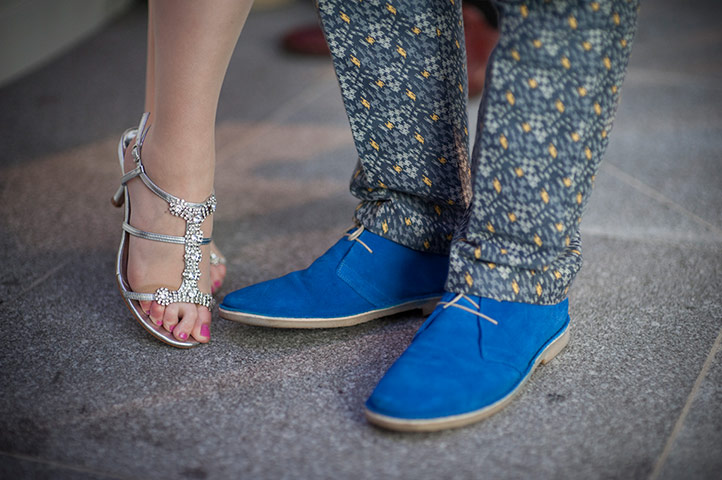 Peroni 1 - London: Blue suede shoes and diamante sandals 